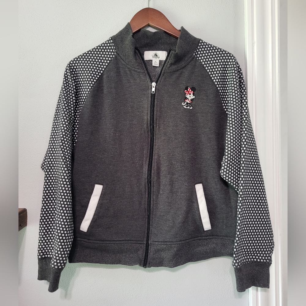 Disney Gray Polka Dot Sleeve Zip-Up Sweatshirt with Minnie Accent